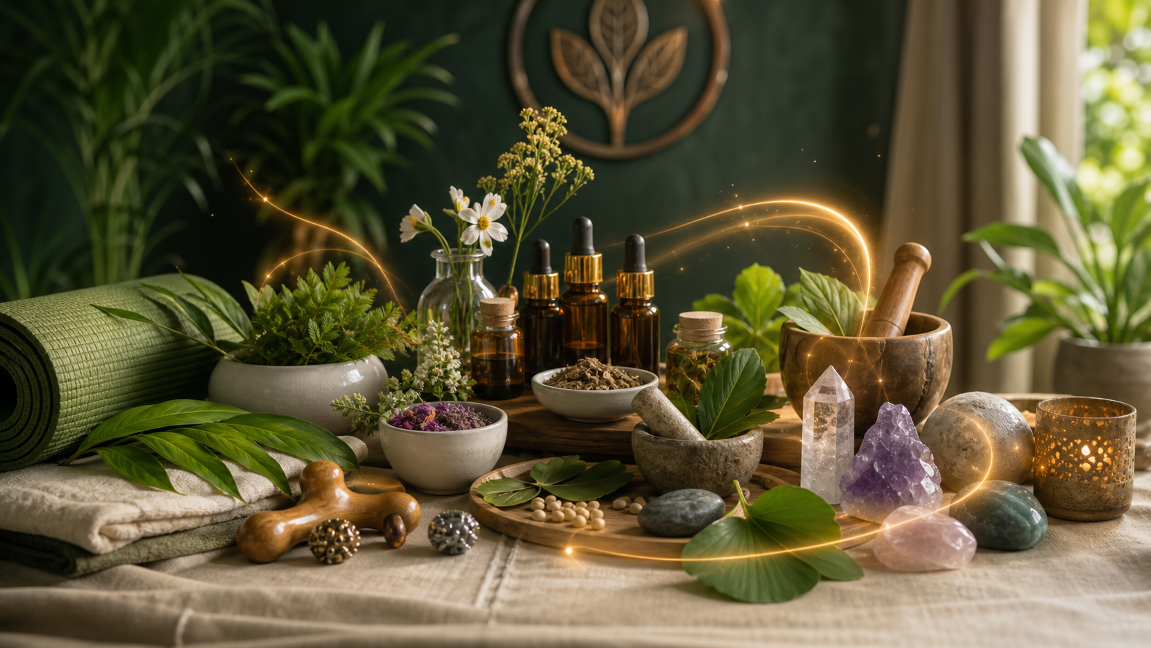 Natural wellness treatment visual with herbs, flower essences, acupressure tools and crystals