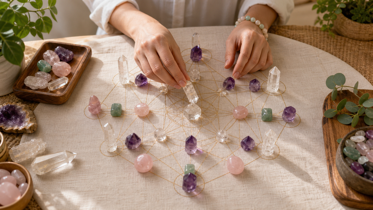 Practitioner hands placing crystals into a sacred geometry crystal grid