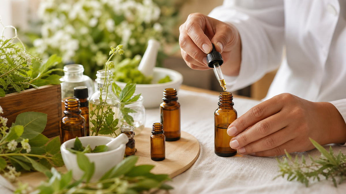 Practitioner hands preparing Electro-Homeopathy drops with amber remedy bottles and plant extracts