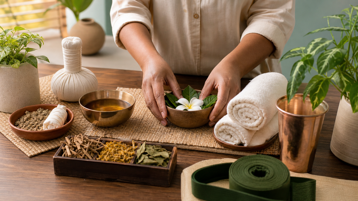 Practitioner hands arranging natural wellness treatment items on a clinic table