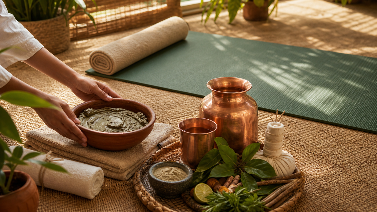 Natural treatment elements including herbs, yoga mat, copper vessel and mud therapy bowl