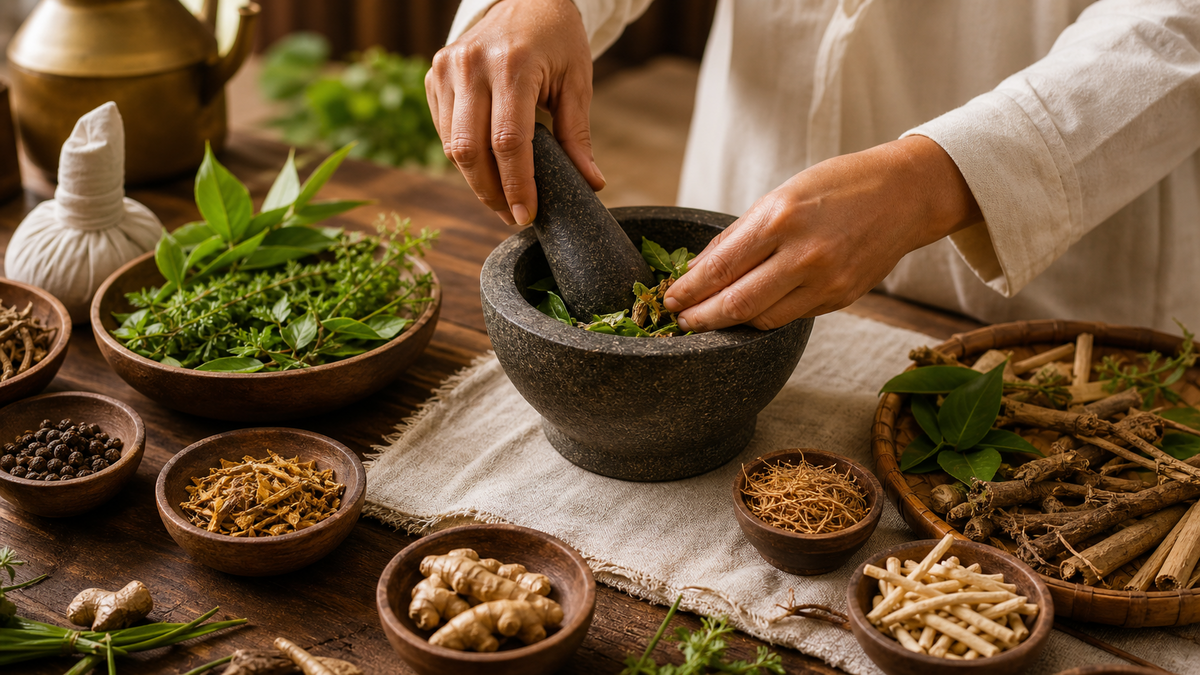 Practitioner hands preparing whole-plant Vanaushadhi herbs with roots, leaves and mortar